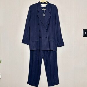 Vintage Navy Blue Pinstripe Double Breasted Pant Suit Set Womens 14 Power Suit